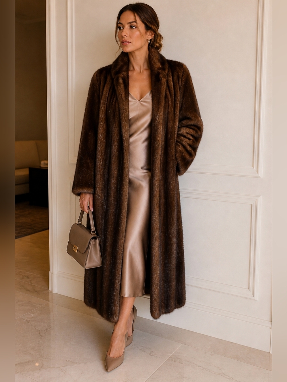 Long Brown Full-Length Fur Coat